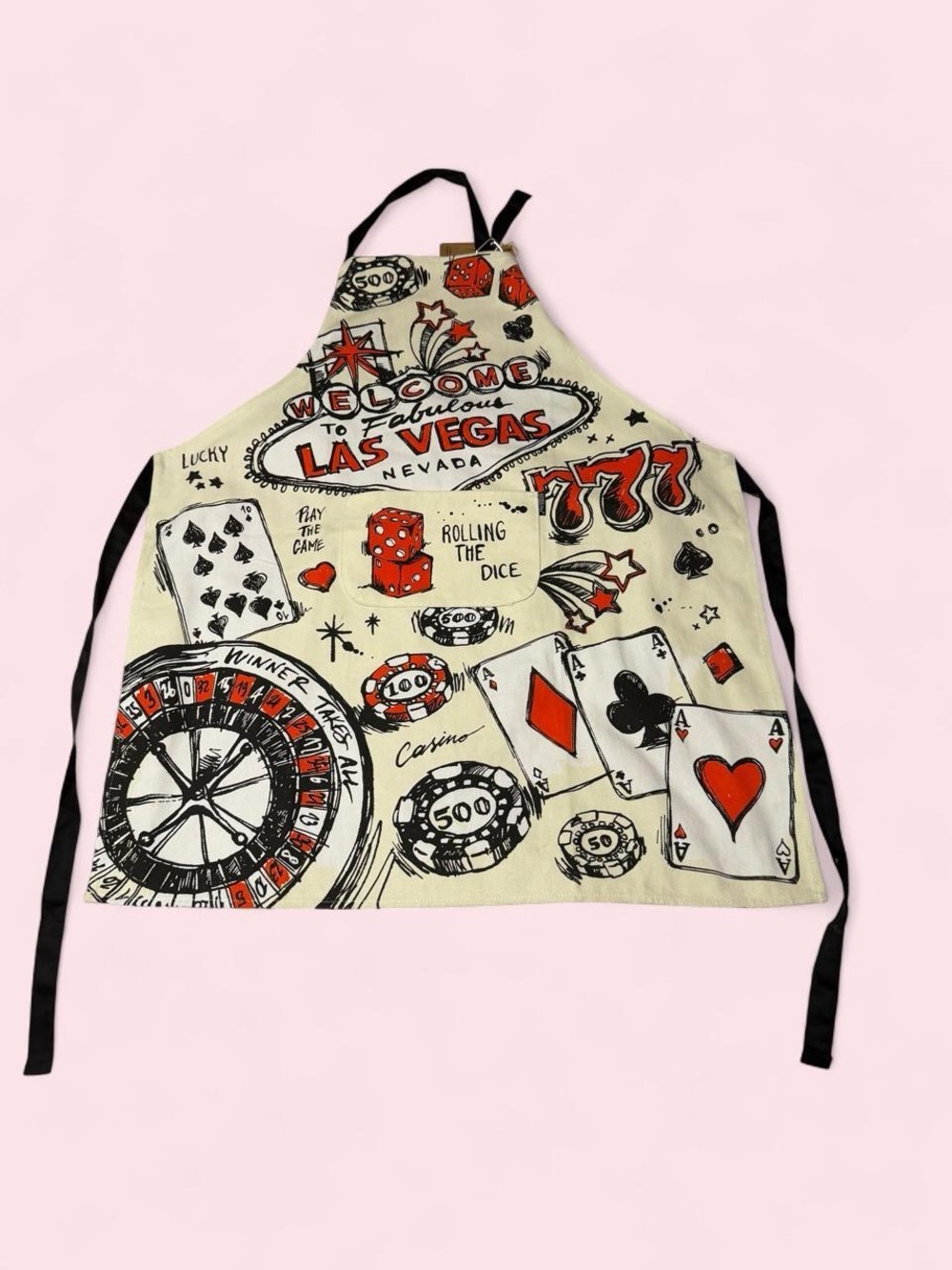 Source Unknown Cream Las Vegas Casino Apron with Red & Black Accents